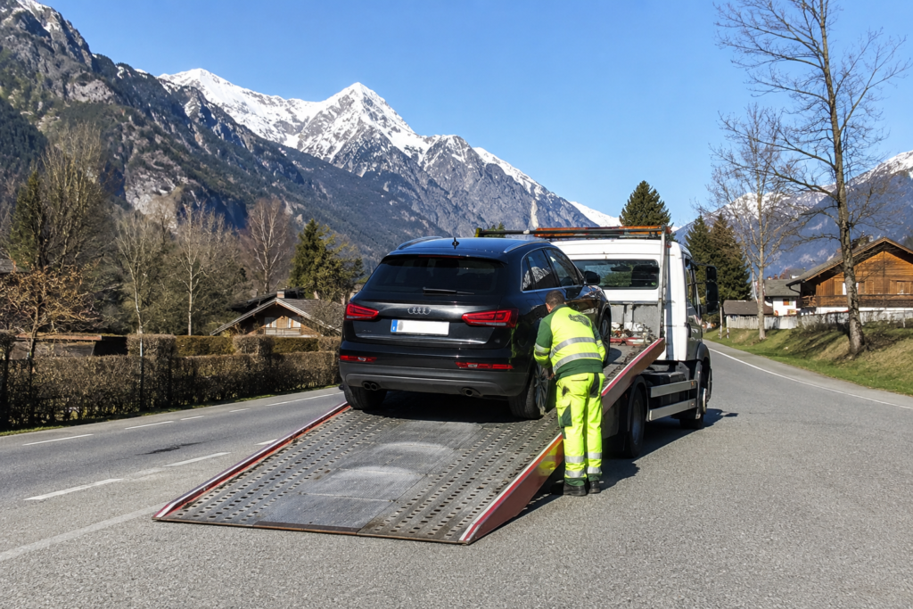 Dépanneuse intervenant sur une route de campagne à Passy, dans la vallée de Chamonix, pour le remorquage d'un véhicule en panne, avec les montagnes des Alpes en arrière-plan.