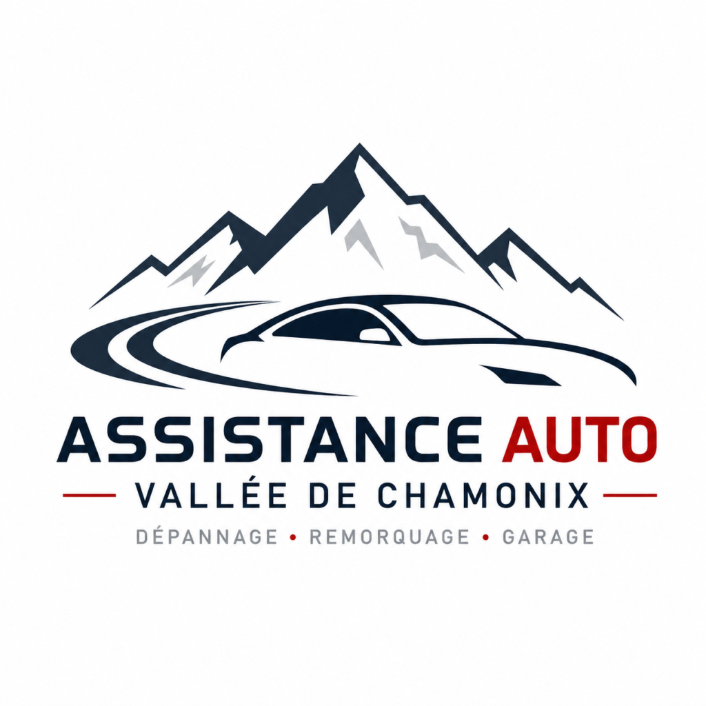 Logo Assistance Auto Vallée de Chamonix avec silhouette de voiture, route et montagnes du massif du Mont-Blanc.