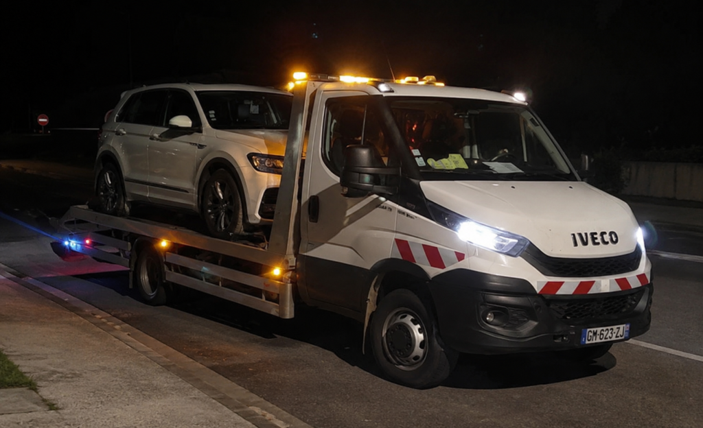Camion de dépannage transportant un SUV sur un plateau de remorquage lors d'une intervention de nuit dans la vallée de Chamonix.