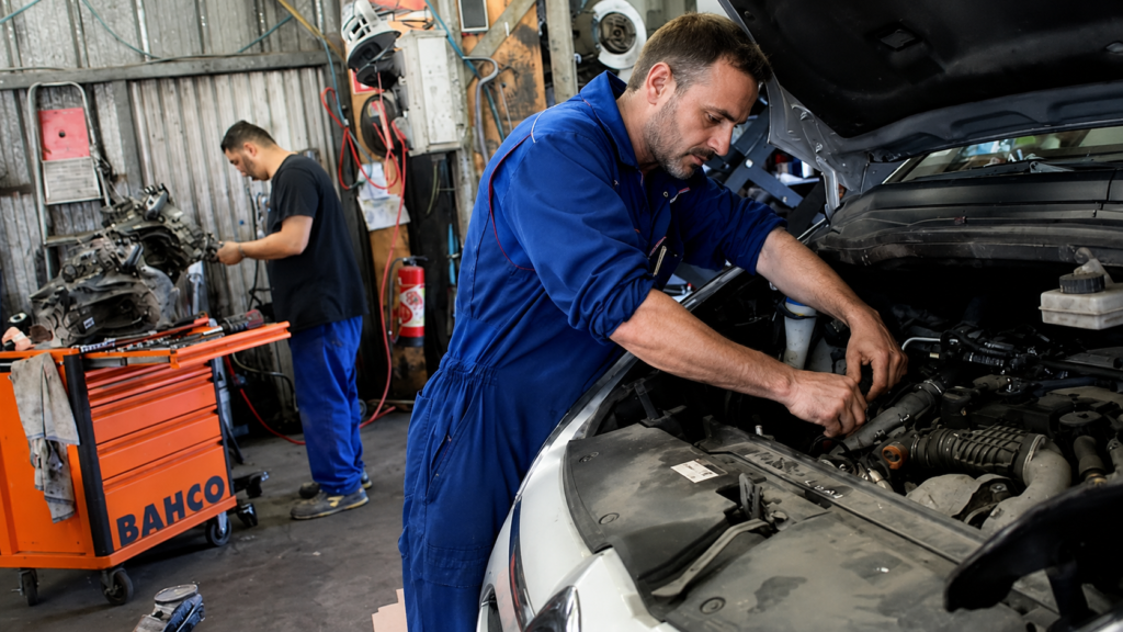 Mécanicien réalisant l'entretien d'un véhicule dans un garage automobile toutes marques avec un second technicien en arrière-plan.